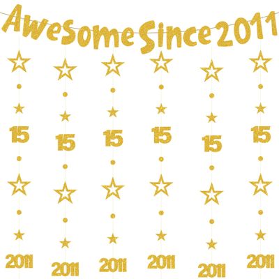 15th Birthday Decorations Girls Boys - 7 Pcs Gold Glitter Awesome Since 2011 Garland Banner Circle Dot Twinkle Star Hanging Streamer for 15 Year Old Party Decor
