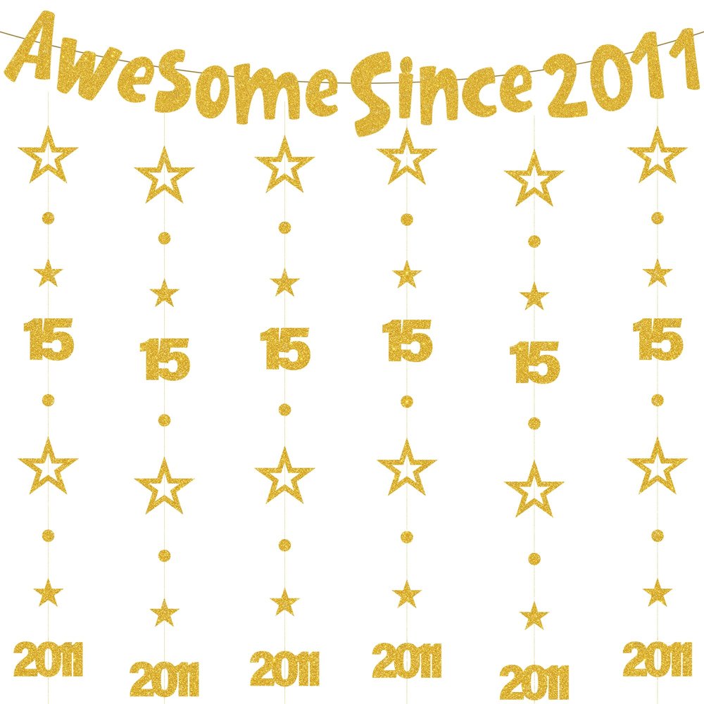 15th Birthday Decorations Girls Boys - 7 Pcs Gold Glitter Awesome Since 2011 Garland Banner Circle Dot Twinkle Star Hanging Streamer for 15 Year Old Party Decor