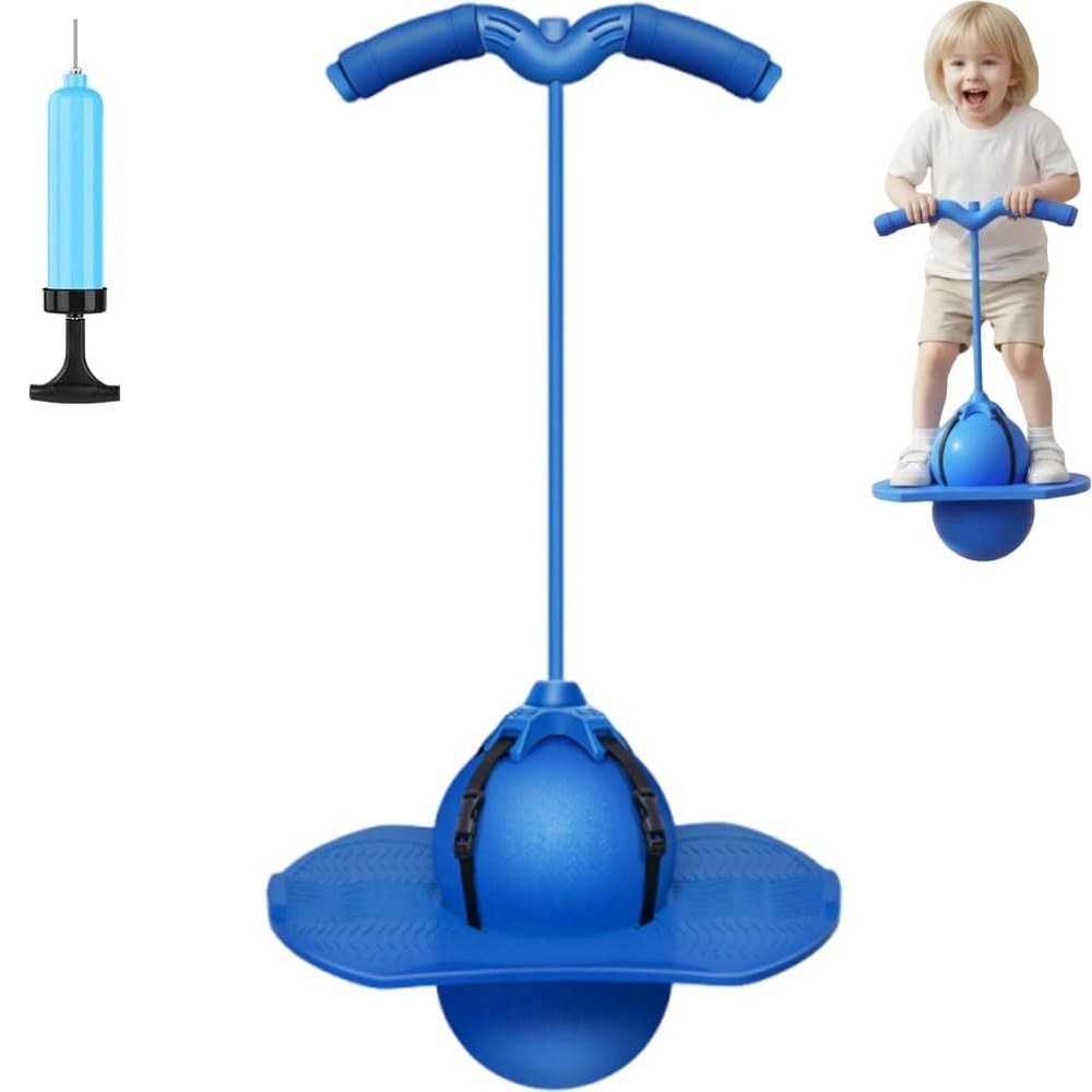 Pogo Jumper Ball for Kids & Adults, Balance Jumping Ball with Handle and Pump, Pogo Trick Balls, Outdoor Exercise Bounce Jump Trick Board, Anti-Slip Low Noise High Jump Toy Boys and Girls(Blue)