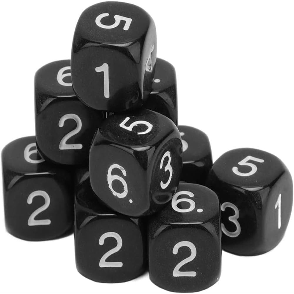 20Pcs Black 6 Sided Number Dice, Round Corner Polyhedral Dice, 16mm for Board Games, Role Playing, Numeral Teaching