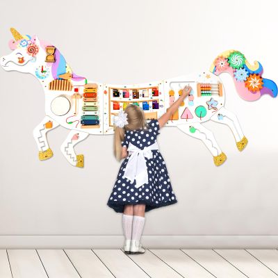 5FT Large Unicorn Activity Wall Busy Board Panels Wooden Learning Activity Center Montessori Sensory Wall Panel for Kids Interactive Educational Toy for Playroom Daycare Nursery Classroom Decor Gift