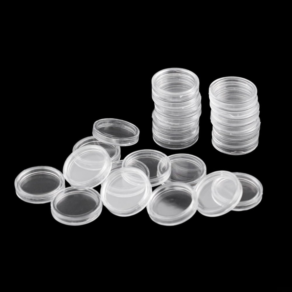 100 Pcs 23mm Clear Round Plastic Coin Holder Capsules Storage Case Box for Collectible Coin Safe Easy Open Lock Design with High Transparency Double Shell