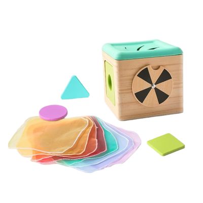 Bemonew Baby Tissue Box Toy, Educational Sensory Toys for Babies with Silk Scarf & Blocks, Wooden Tissue Box with Mirror for Infant Toddlers Boy Girl