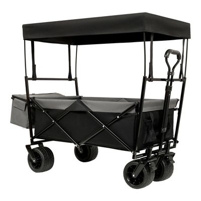 Heavy-Duty Collapsible Wagon with Removable Canopy and Mosquito Net, All-Terrain Wheels, Adjustable Handle, Large Capacity for Camping, Beach, Garden & Shopping (Black + Steel-1)