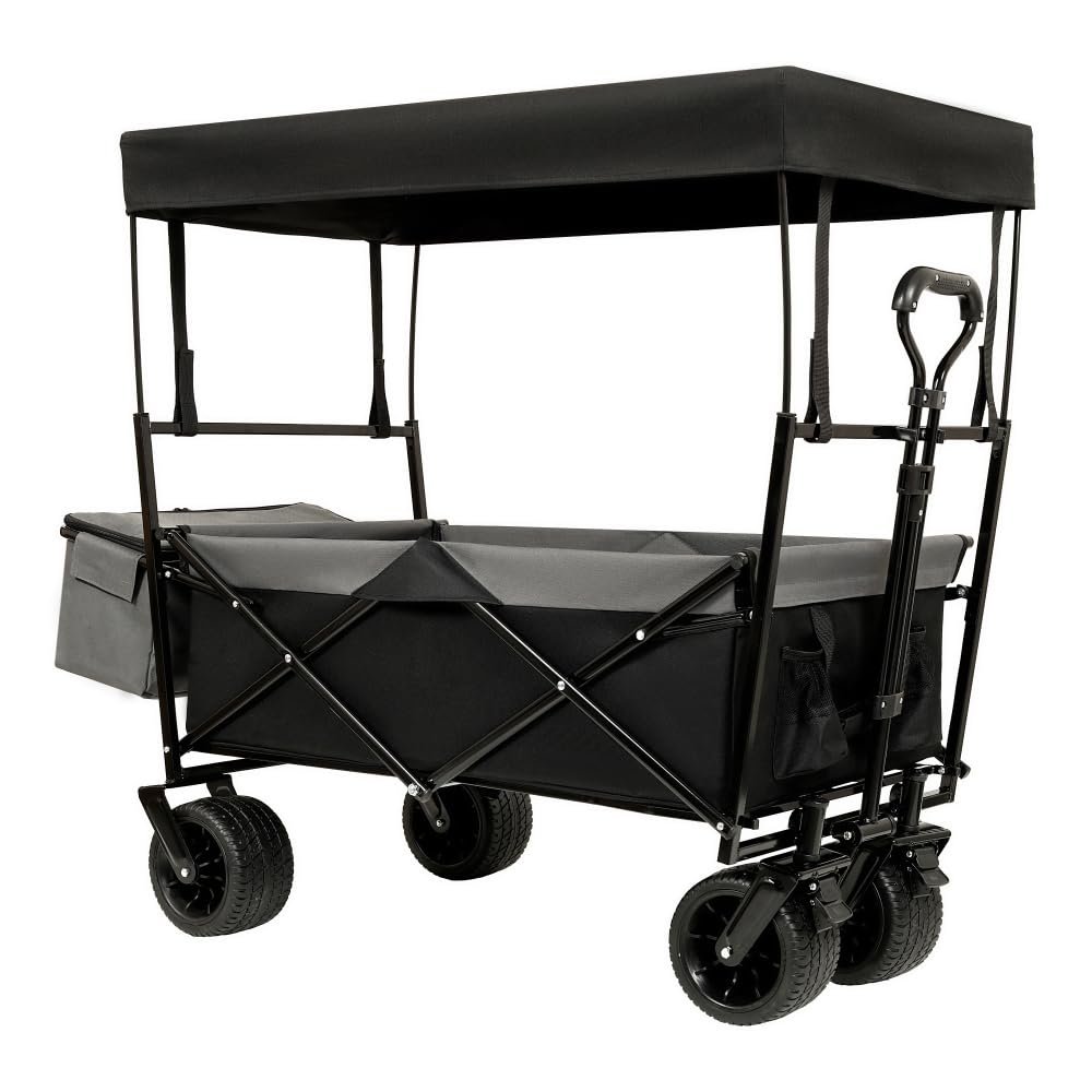 Heavy-Duty Collapsible Wagon with Removable Canopy and Mosquito Net, All-Terrain Wheels, Adjustable Handle, Large Capacity for Camping, Beach, Garden & Shopping (Black + Steel-1)
