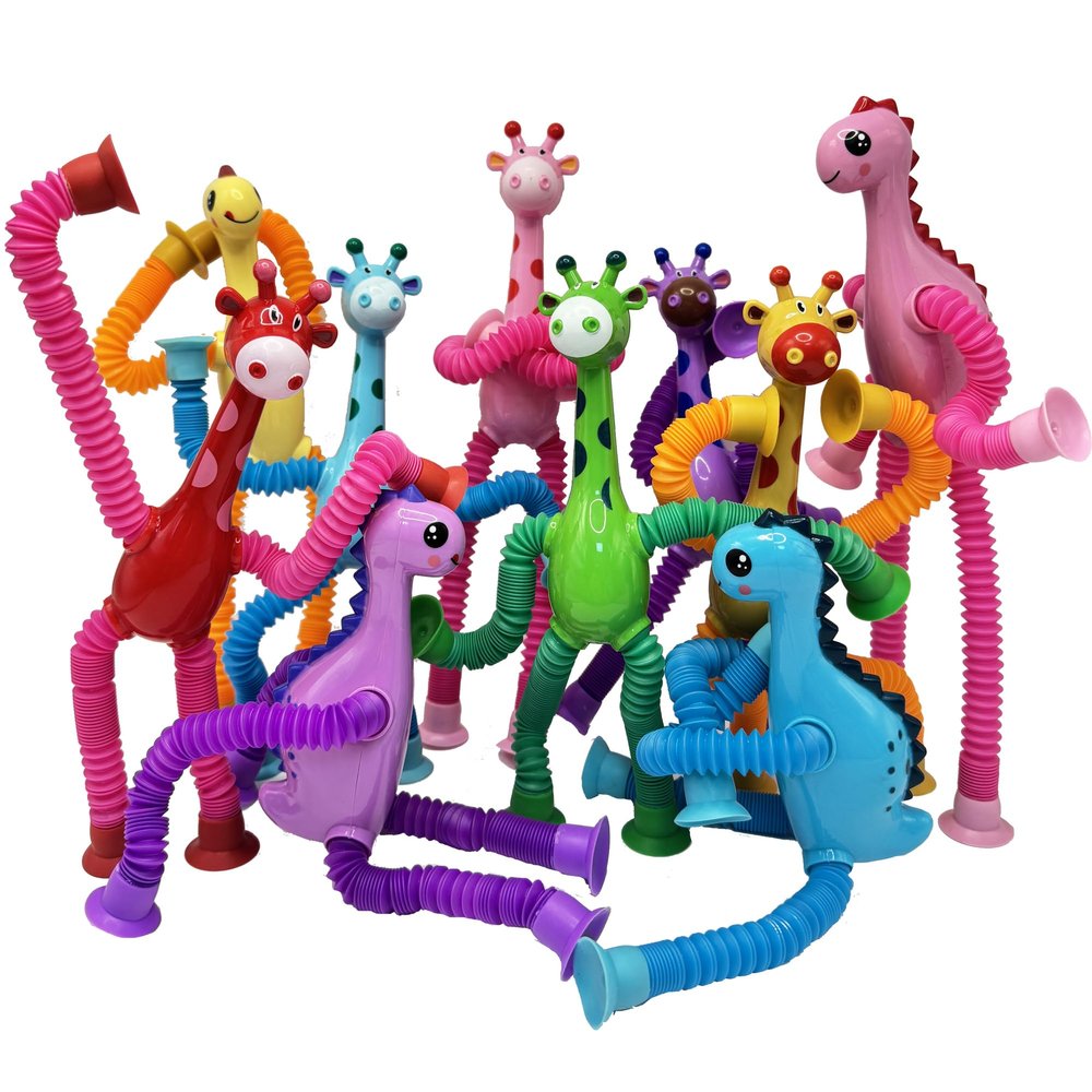 10Pack Telescopic Suction Cup Toy, Pop Tube Sensory Fidget Toys for Autism, Airplane Travel Essentials, Educational Fidget Toys, Great Idea for Boys and Girls (4pc Dinosaur+6pc Giraffe)