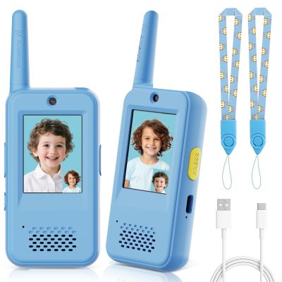 Video Walkie Talkies for Kids with 6 Voice Effects, Support Send Voice, Pictures, Emojis, and Selfies, Christmas Birthday Gifts for Kids Indoor Outdoor Camping(Blue/Blue)