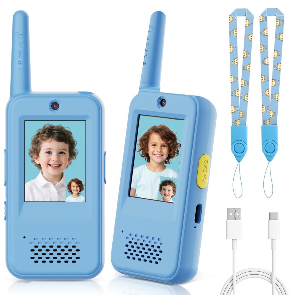 Video Walkie Talkies for Kids with 6 Voice Effects, Support Send Voice, Pictures, Emojis, and Selfies, Christmas Birthday Gifts for Kids Indoor Outdoor Camping(Blue/Blue)