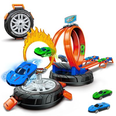 Race Car Track Set for Kids Ages 3-8Transformable Tire Storage & Portable Handle into Race Course, Racing Toy Playset Birthday Gift for Kids Boys Girls
