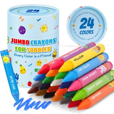 24 Colors Jumbo Crayons for Toddlers 1-3.Washable Non-Toxic Crayons for Kids 4-8.Easy to Hold Unbreakable Big Toddler Crayon for Toddler Coloring.Best Present for Easter Basket Stuffers,Holiday,Travel