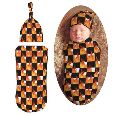Muishi Checkered with Orange Flames Newborn Swaddle Blankets Hat Sets Soft Baby Receiving Blanket Swaddle Sack for Baby Shower Infant Boy Girl Gift