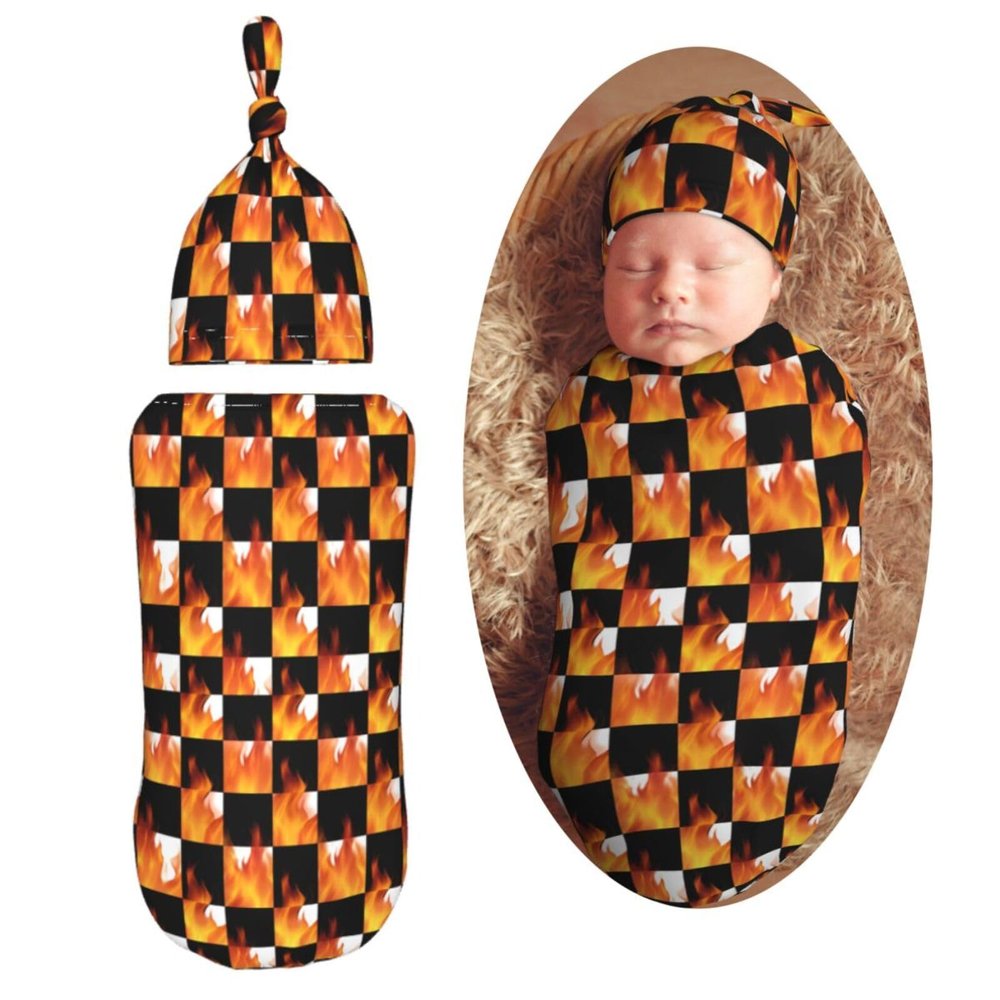 Muishi Checkered with Orange Flames Newborn Swaddle Blankets Hat Sets Soft Baby Receiving Blanket Swaddle Sack for Baby Shower Infant Boy Girl Gift