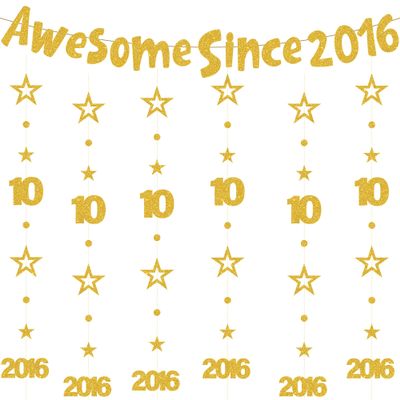 10th Birthday Decorations Girls Boys - 7 Pcs Gold Glitter Awesome Since 2016 Garland Banner Circle Dot Twinkle Star Hanging Streamer for 10 Year Old Double Digit Party (Pre-Strung)