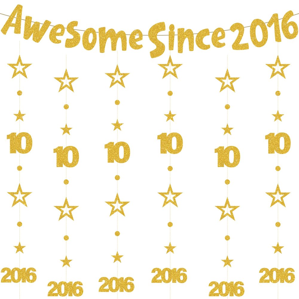 10th Birthday Decorations Girls Boys - 7 Pcs Gold Glitter Awesome Since 2016 Garland Banner Circle Dot Twinkle Star Hanging Streamer for 10 Year Old Double Digit Party (Pre-Strung)