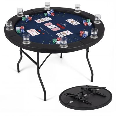 Goplus 48" Poker Table Foldable, 8 Player Round Casino Leisure Texas Holdem Game Table with Metal Legs, 8 Cup Holders, Indoor Folding Card Gaming Table for Blackjack & Club, Family Games (Blue)