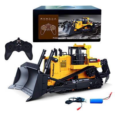 Ailejia Remote Control Bulldozer Toy 1/16 RC Construction Vehicle RC 9 CH 2.4GHz Dozer Front Loader Toy with Light and Metal Shovel for Kids