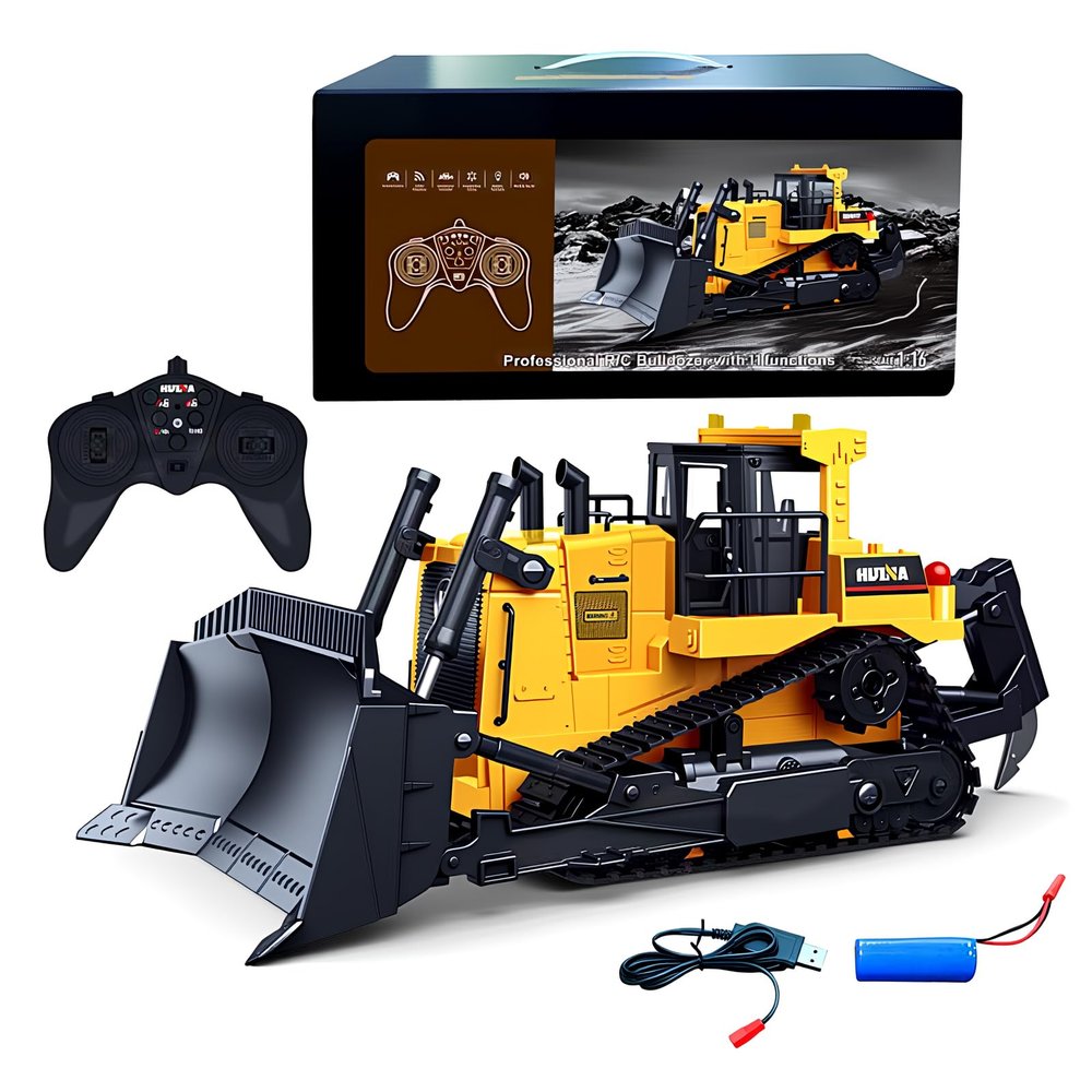 Ailejia Remote Control Bulldozer Toy 1/16 RC Construction Vehicle RC 9 CH 2.4GHz Dozer Front Loader Toy with Light and Metal Shovel for Kids
