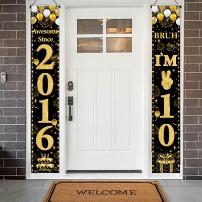 10th Birthday Decorations Boys Banner - 2 Pcs Glitter Bruh I'M 10 Door Banner Porch Wall Decor Backdrop for 10 Year Old Indoor Outdoor Party Supplies