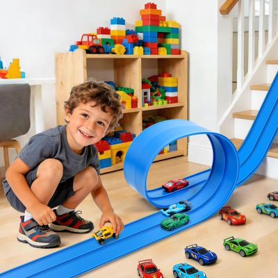 Flexible Race Track Toys for Kids, 15 Ft Flex Tracks Starter Set with Strong Suction Cups - Compatible with Hot Wheels and Diecast 1/64th Cars, Rolls up Portable Race Car Ramp Track (Dark Blue)
