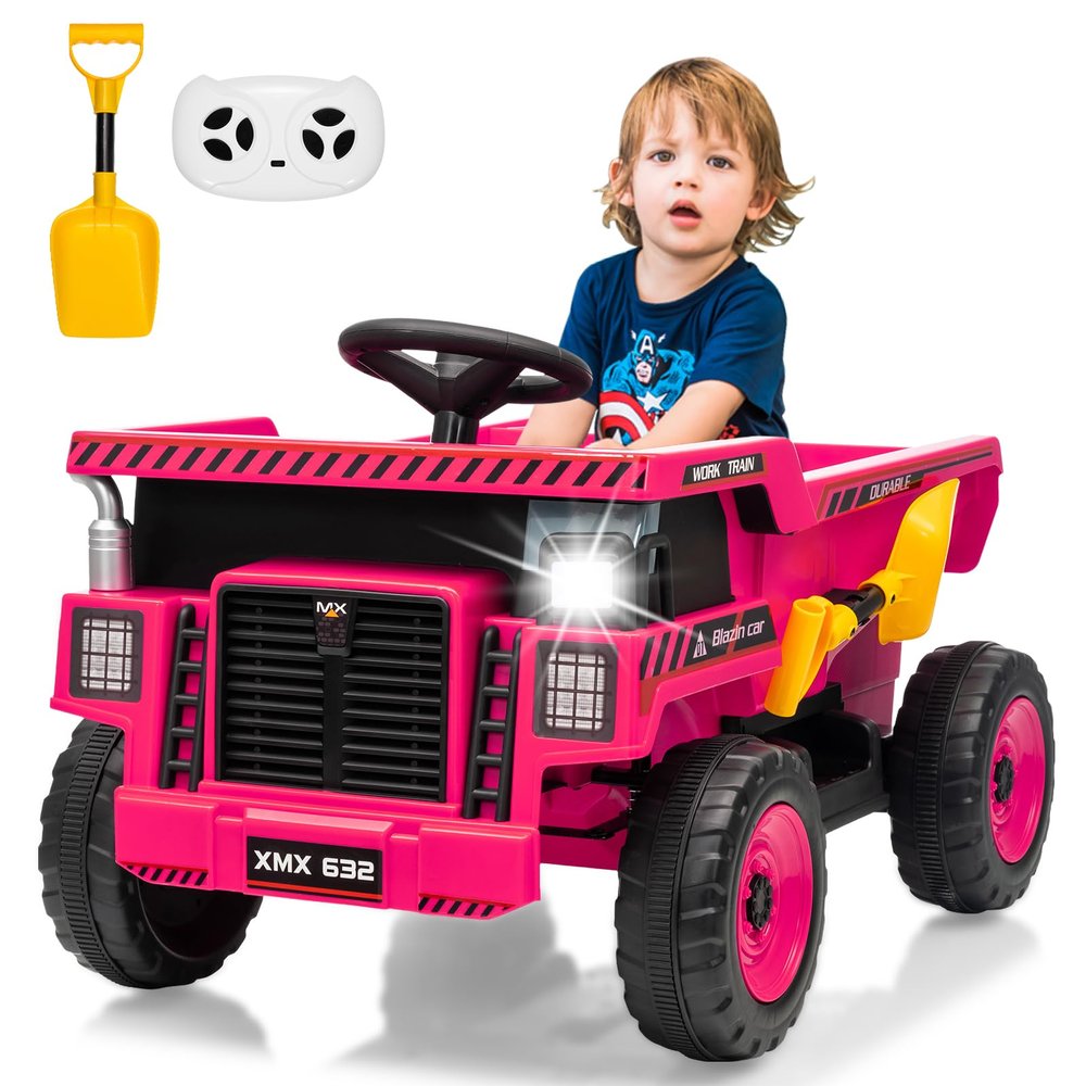 12V Ride on Dump Truck for Kids Ride on Car Toy with Remote Control Toddler Electric Construction Vehicles with Electric Dump Bed, Shovel, LED Lights, Music