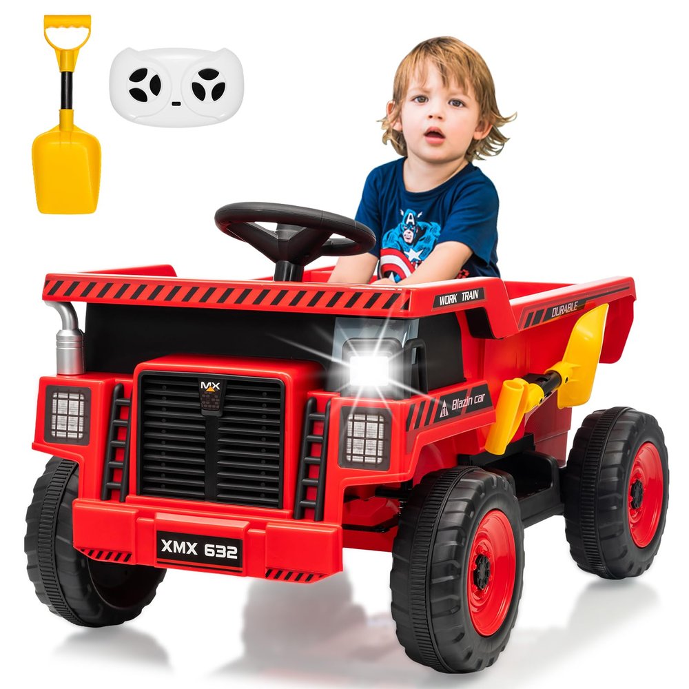 12V Ride on Dump Truck for Kids Ride on Car Toy with Remote Control Toddler Electric Construction Vehicles with Electric Dump Bed, Shovel, LED Lights, Music