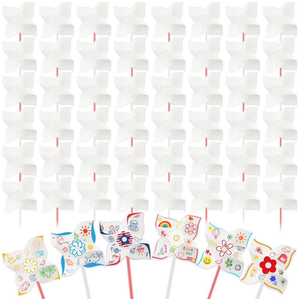 110pcs Summer Activities for Kids DIY Paper Pinwheels Crafts, Blanks White Windmill Kits Bulk for 4th of July, Classroom Party, Back to School, Easter, Spring Art Projects