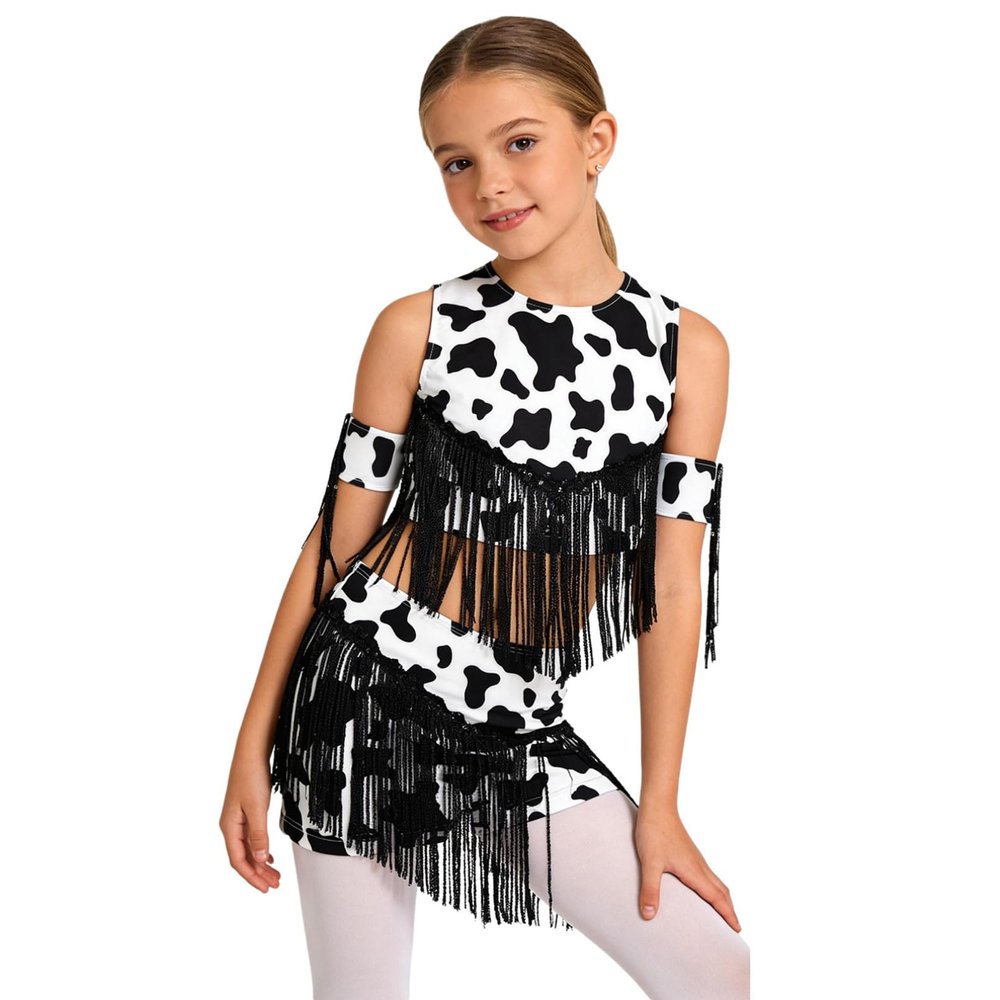 Moily Western Cowgirls Costume for Girls Disco Sleeveless Sequins Tassel Tops Vest with Shorts with Arm Sleeve Set Black 14 Years