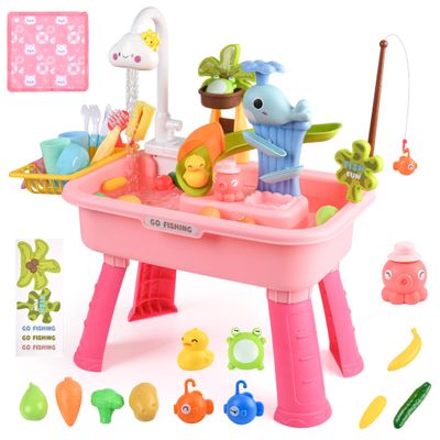 Mobelixy Upgraded Toddler Sand Water Table Toy with Electric Water Pump, Kids Sand Water with Faucet/Play Food Accessories/Fishing Toy, Kitchen Play Sink Toys for Girl Boy Age 3+ (Pink)
