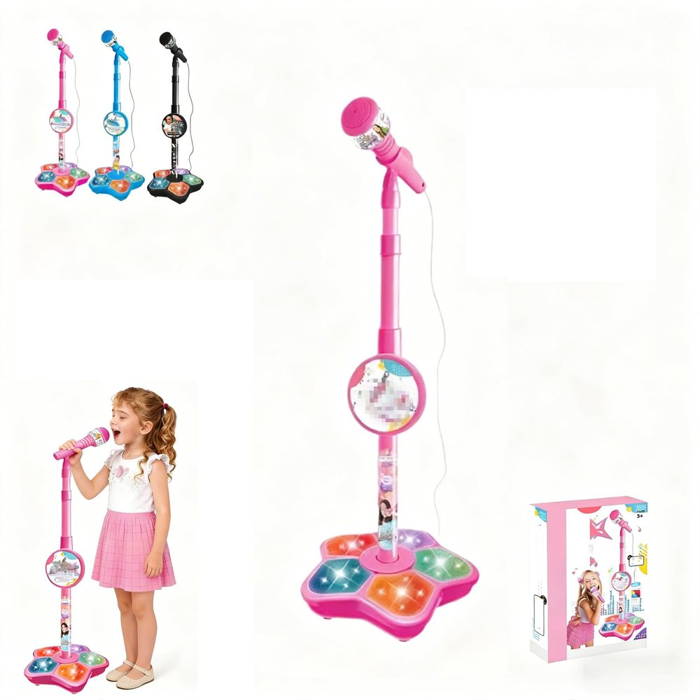 Kids Microphone with Stand - 2026 New Karaoke Machine for Budding Singers, Built-in Music & Echo, 6 Colorful Lights, Adjustable Stand for Girls Boys Birthday Gift (Pink)
