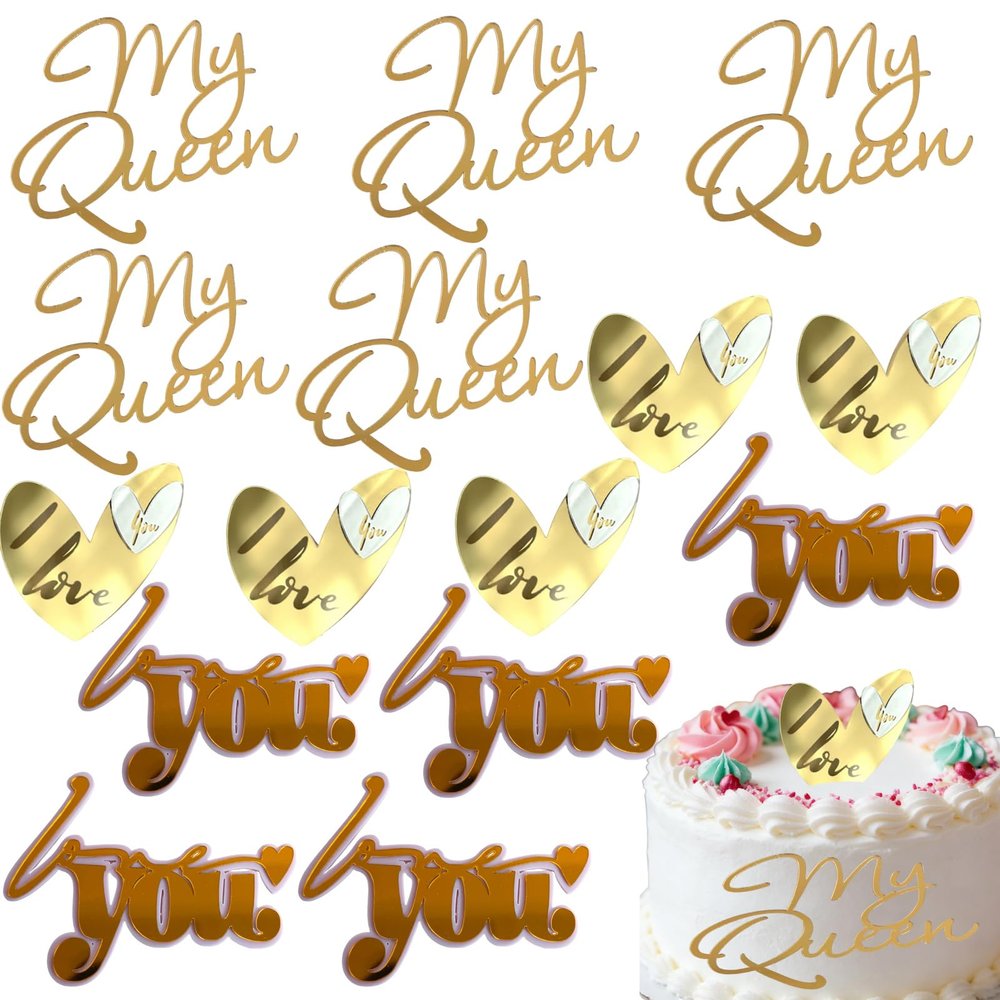 15 PCS Valentine's Day Cake Toppers,Pink Gold My Queen Acrylic Cupcake Toppers,Valentine's Day Side Cake Decorations,Anniversary Wedding Valentine's Day Decorations Party Supplies