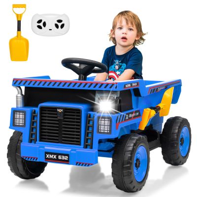12V Ride on Dump Truck for Kids Ride on Car Toy with Remote Control Toddler Electric Construction Vehicles with Electric Dump Bed, Shovel, LED Lights, Music
