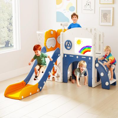 10-in-1 Toddler Slide Playset,Indoor Playground for Kids 1-3 and Toddler Outdoor playset with Golf Set, Basketball Hoop, Climbing Frame, Drawing Board and Steering Wheel, Yellow & Blue