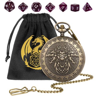 3 Head Dragon Small D&D Dice Set, Steampunk Bronze Pocket Watch Shell Case, 7pcs Polyhedral Acrylic DND Dice, Dragon Gift Bag, RPG Tabletop Games Accessories, DND Starter Set, Purple Dice