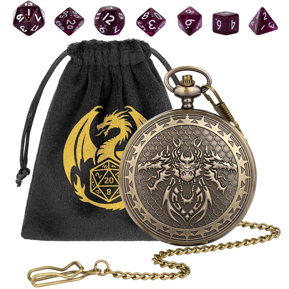 3 Head Dragon Small D&D Dice Set, Steampunk Bronze Pocket Watch Shell Case, 7pcs Polyhedral Acrylic DND Dice, Dragon Gift Bag, RPG Tabletop Games Accessories, DND Starter Set, Purple Dice