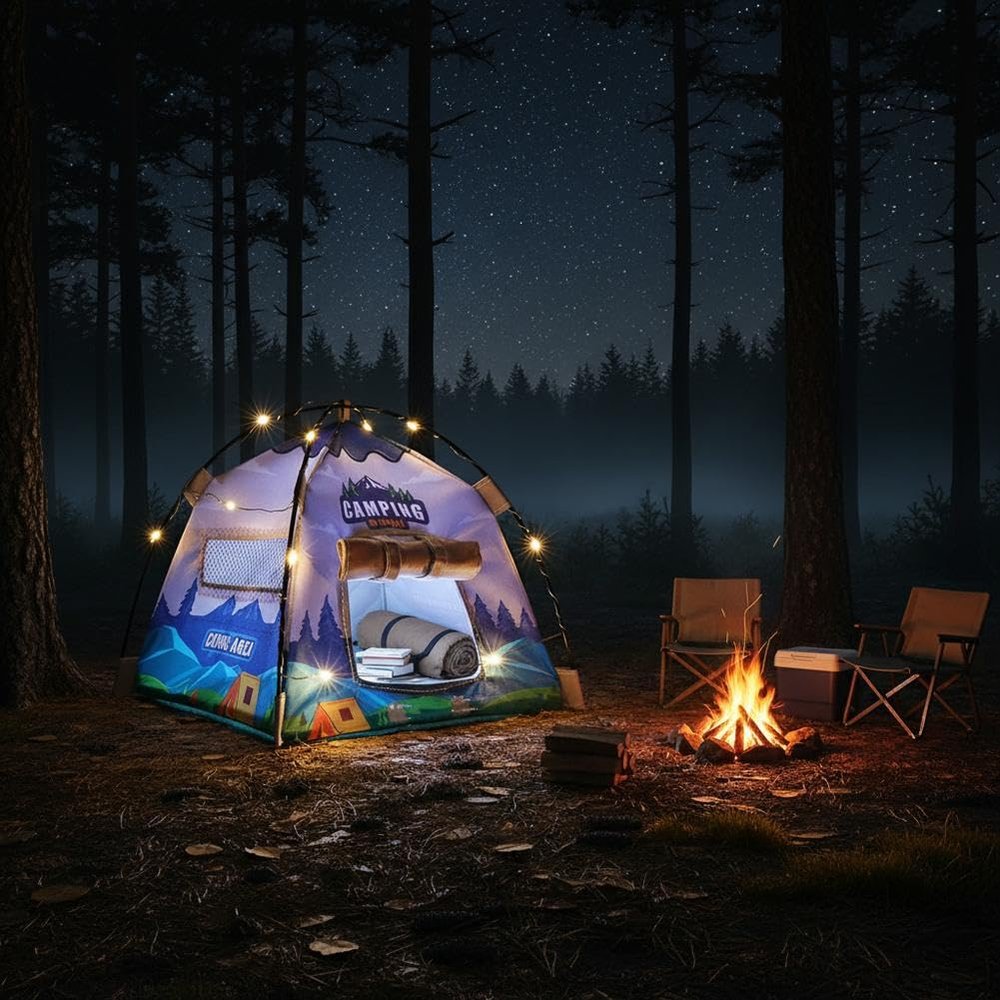 1:12 Scale Miniature Camping Tent, Portable 1:12 Miniature Doll Camping Model Tents Movable Decorative Scene Accessories Photography Props for Room Decor (Camping with Light)