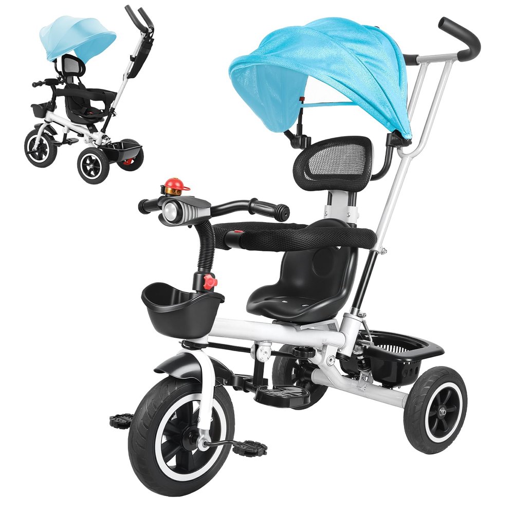 6-in-1 Children Tricycle for 3-6 Years Old, Adjustable Push Handle Bike with Removable Canopy & Storage Basket, 75kg Capacity Convertible Kid Trike with Music Headlight (Blue)