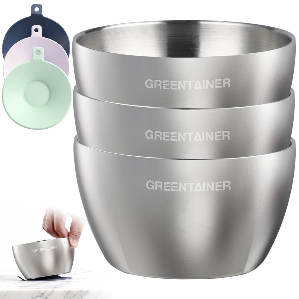 Greentainer 3 Pack Stainless Steel Baby Bowls, Unbreakable Toddler Bowl with Removable Non-Slip Silicone Suction, Double Wall Insulated Kids Metal Bowls for Cereal & Snack, Dishwasher Safe