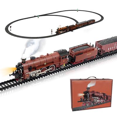 Alloy Electric Train Set Model for Adults, Vintage Christmas Electric Train Steam Locomotive with Carriage, Long Track, Lights and Sounds, Gift for Christmas and Birthday (Red)
