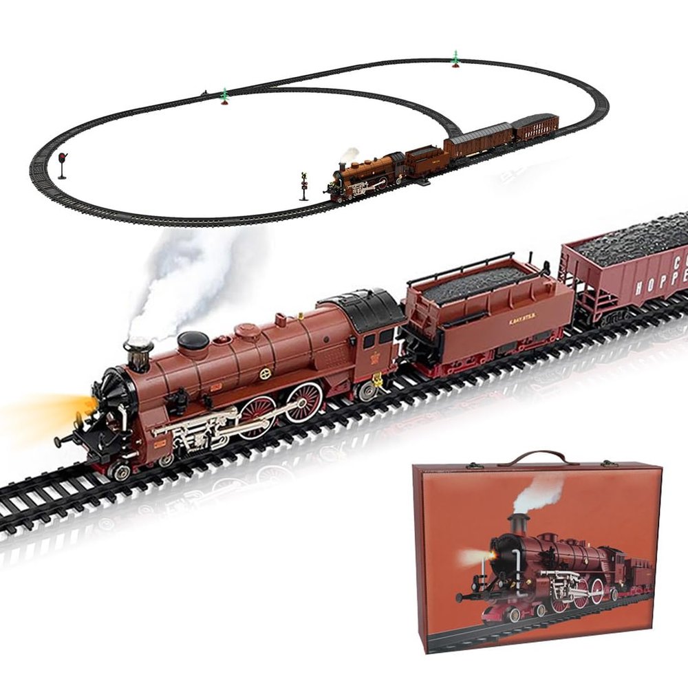 Alloy Electric Train Set Model for Adults, Vintage Christmas Electric Train Steam Locomotive with Carriage, Long Track, Lights and Sounds, Gift for Christmas and Birthday (Red)