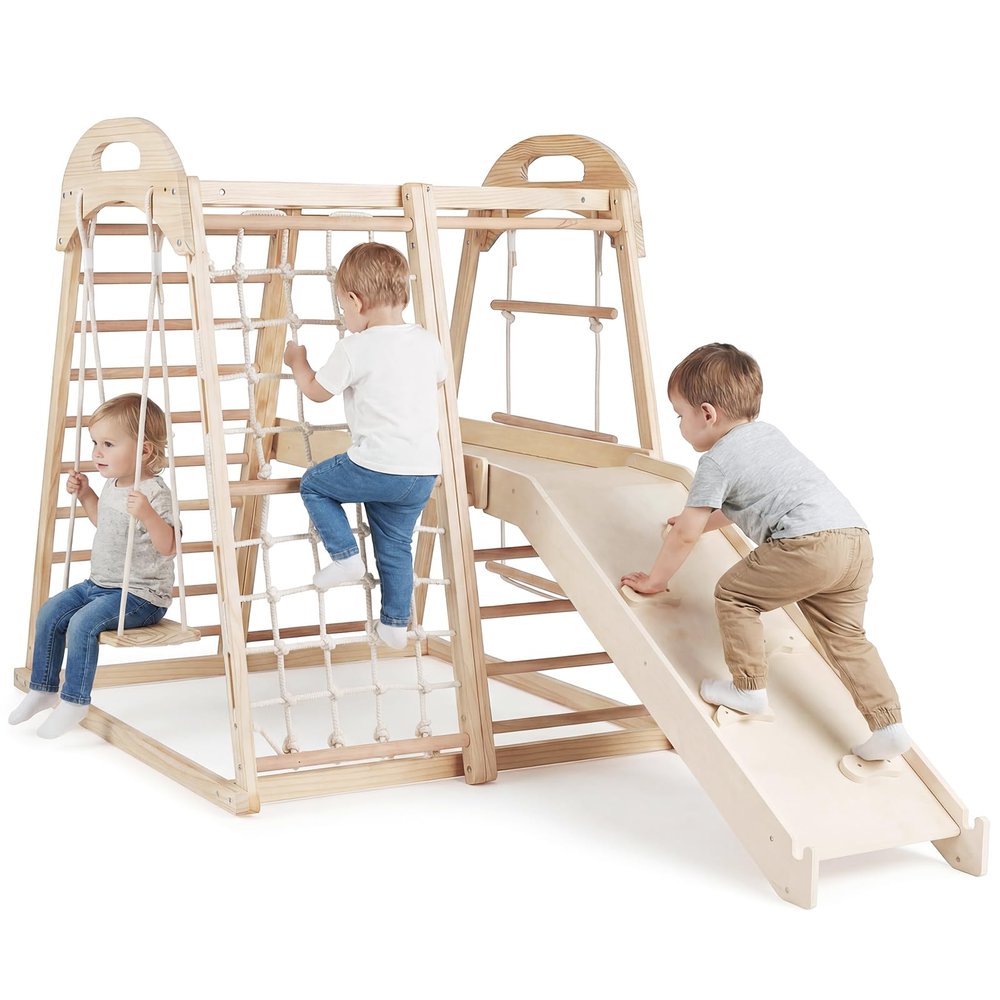 Costzon Indoor Playground, 8-in-1 Kids Montessori Jungle Gym Climbing Toys with Baby Slide, Swing, Basketball Hoop, Monkey Bar, Rope Net, Ladder, Wooden Climber Playset for Kids Ages 3-5 (Natural)
