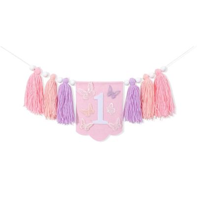 1st Birthday Butterfly High Chair Banner - Handmade Wood Bead Tassel Garland Decoration for First Birthday Party