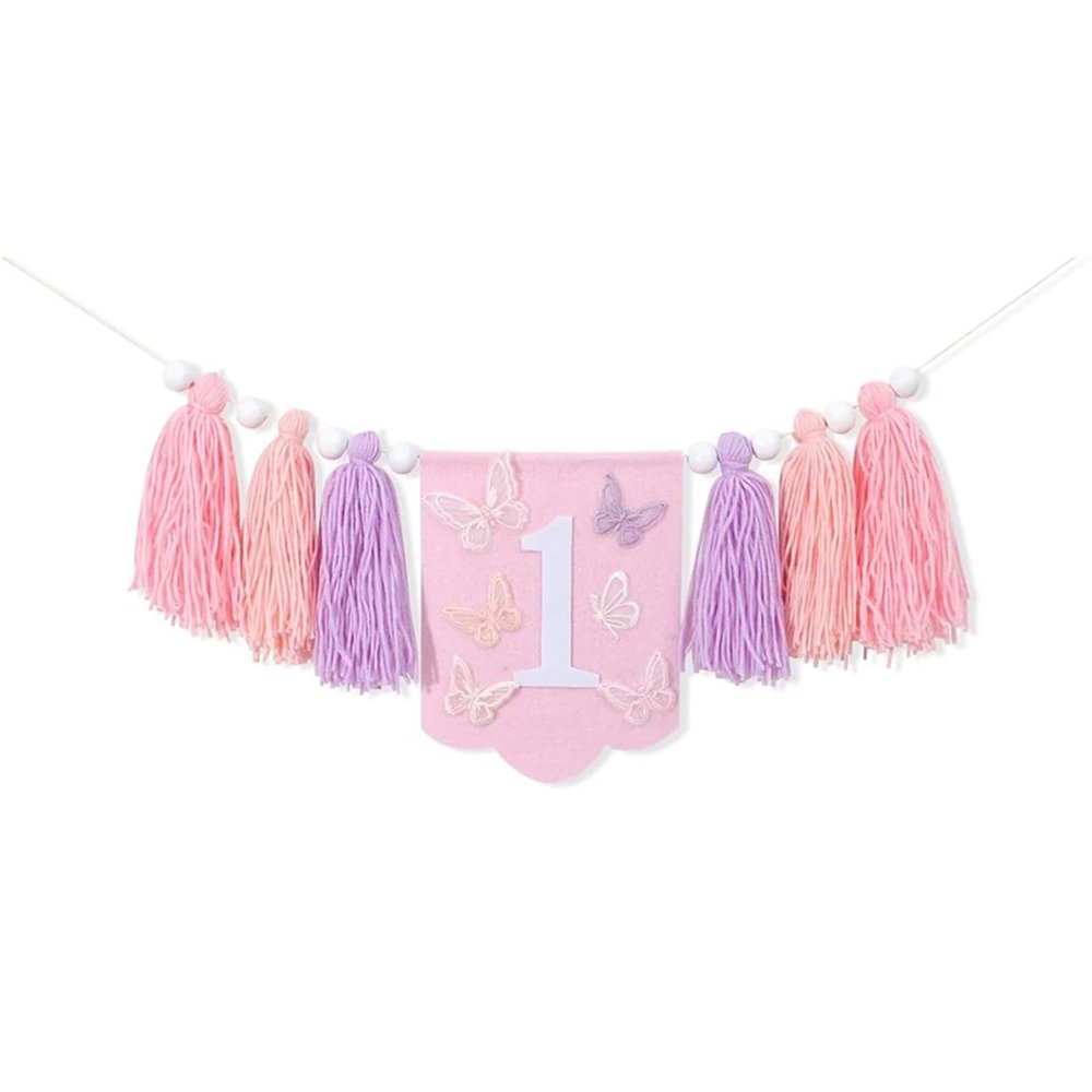 1st Birthday Butterfly High Chair Banner - Handmade Wood Bead Tassel Garland Decoration for First Birthday Party
