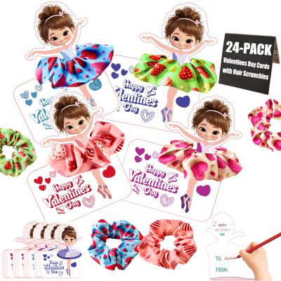 Valentines Day Gifts for Kids,24 Packs Valentine Ballerina Cards with Hair Scrunchies,Elastic Hair Tie with Valentines Day Cards Party Favors,Classroom Must Haves Exchange Gift for School Boys Girls