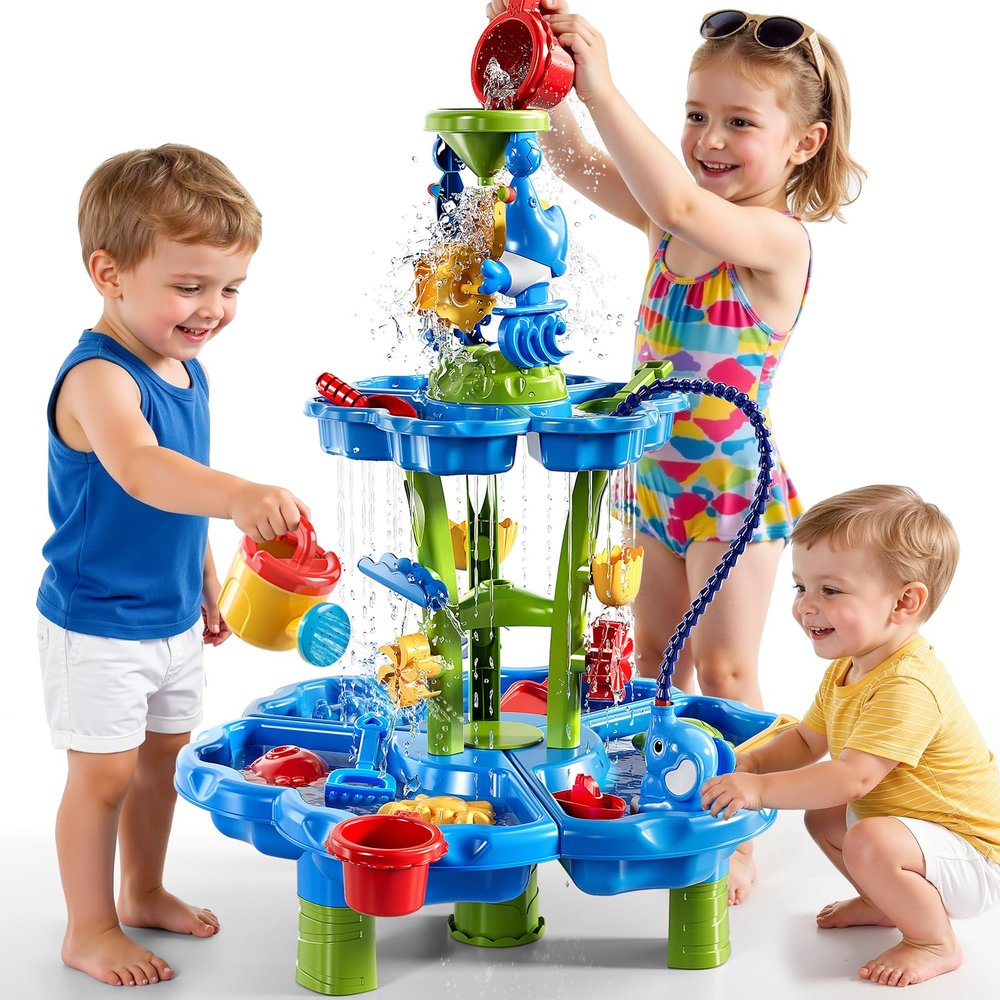 ZDRKWSM 2-Tier Auto Water Table with Pump, Summer Outdoor Beach Outside Backyard Activity Sensory Sand Water Table, Birthday Party Gifts for Kids Boys and Girls Ages 3 4 5 6 7 8