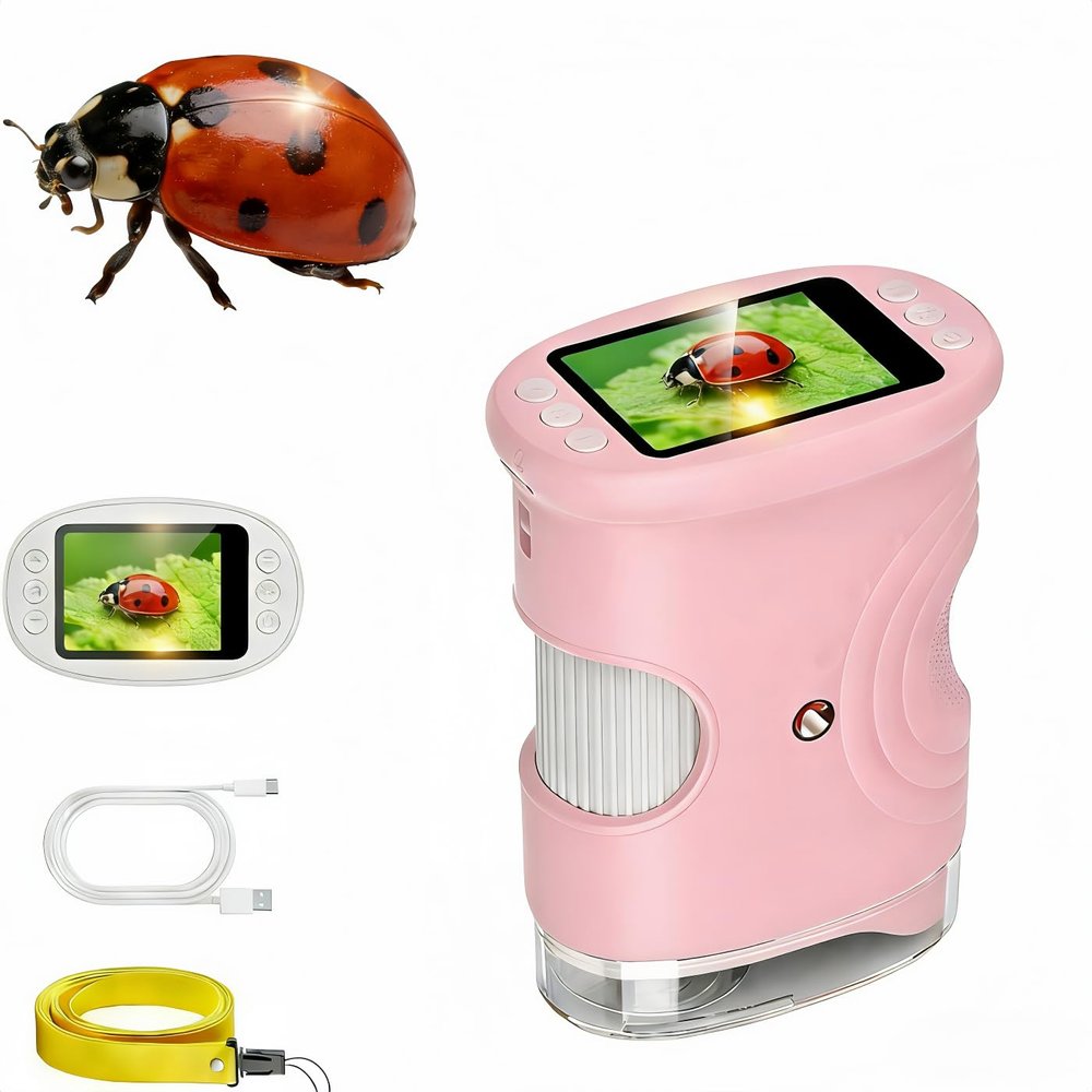 1000X Handheld Microscope, Wonder Quest Kids Digital Magnifying Glass, 4K 2.0" Screen, Portable Mini Pocket Microscope for Home School Lab, 2MP Camera, USB Export (Pink)
