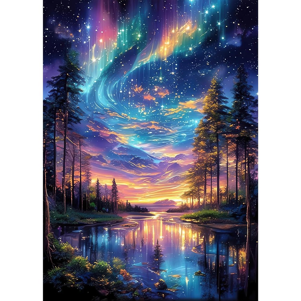 1000 Piece Jigsaw Puzzle for Adults Cosmic Aurora Forest Psychedelic Night Sky Art Puzzle, Aurora Borealis Landscape, Premium Thick Cardboard Puzzles Pieces, Elegant Gift for Puzzlers (Aurora)