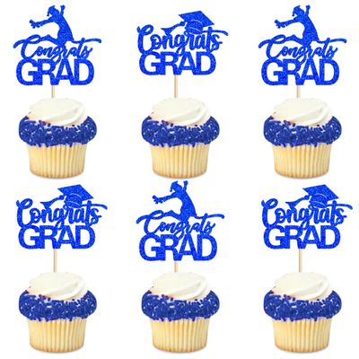 Eracadio 36pcs Class of 2026 Cupcake Topper Glitter Blue Congrats Grad Cupcake Picks High School College 2026 Graduation Party Cake Decorations