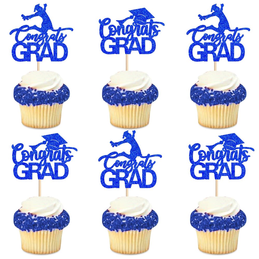Eracadio 36pcs Class of 2026 Cupcake Topper Glitter Blue Congrats Grad Cupcake Picks High School College 2026 Graduation Party Cake Decorations