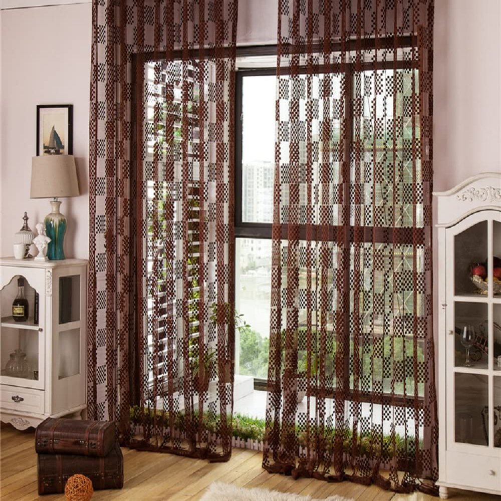 HooHero Brown New Jacquard Hollow Grid Liner 50 Width Voile Sheer Curtains Rod Pocket Top Style Gauze Fabric for Kids Baby Room Bedroom Hallway