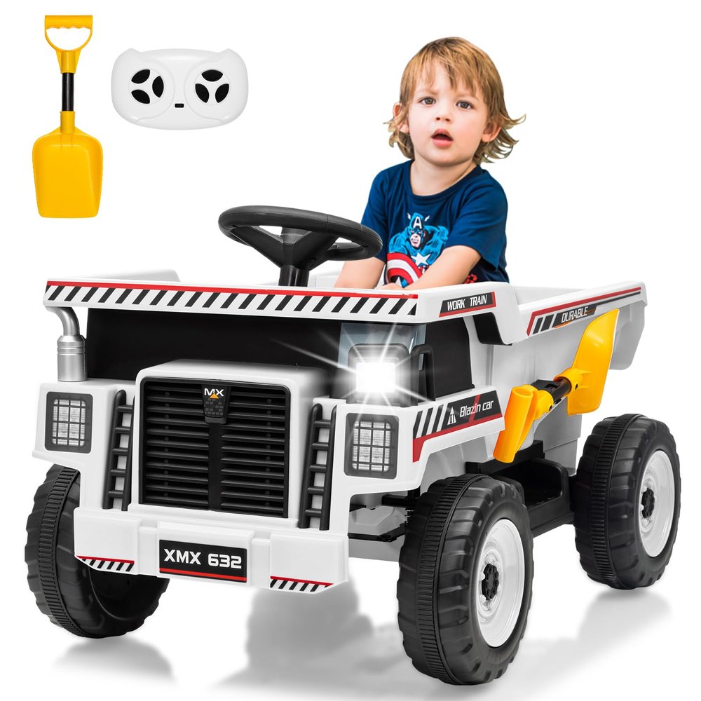 12V Ride on Dump Truck for Kids Ride on Car Toy with Remote Control Toddler Electric Construction Vehicles with Electric Dump Bed, Shovel, LED Lights, Music